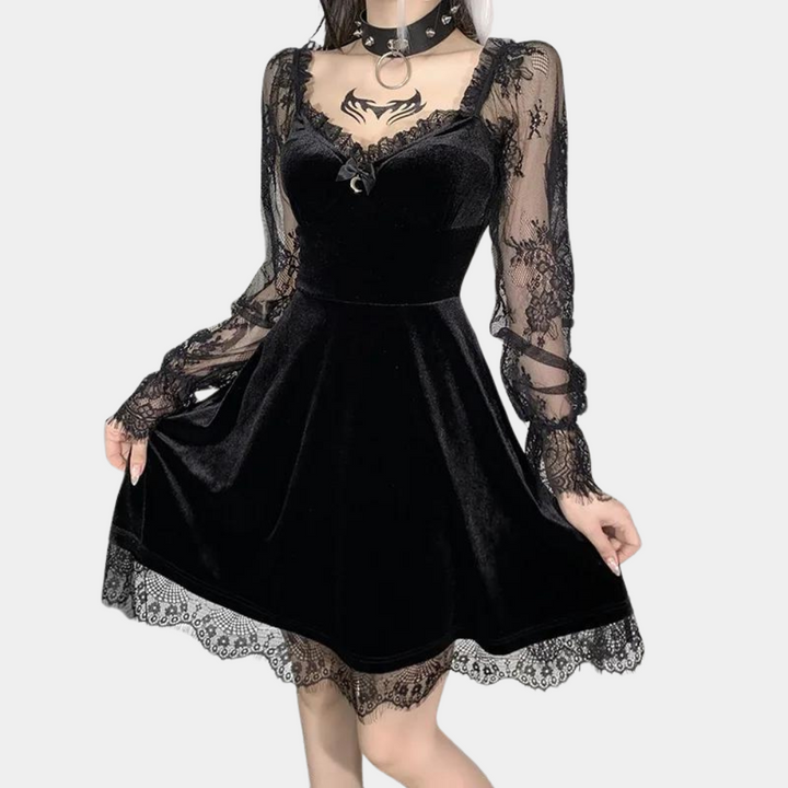Genoveva - Stylisches Samtkleid mit Langen Spitzenärmeln