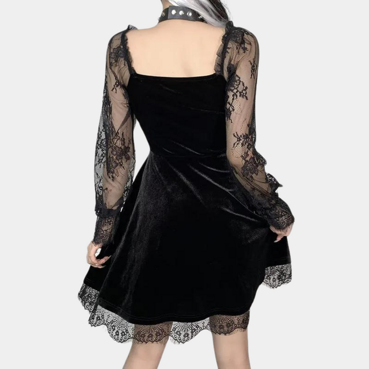 Genoveva - Stylisches Samtkleid mit Langen Spitzenärmeln