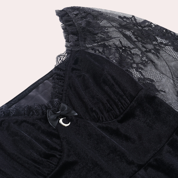 Genoveva - Stylisches Samtkleid mit Langen Spitzenärmeln