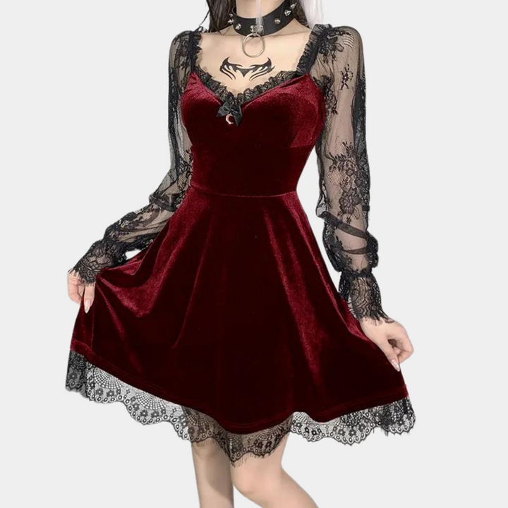 Genoveva - Stylisches Samtkleid mit Langen Spitzenärmeln