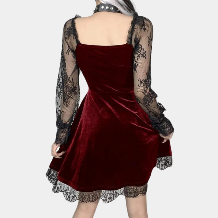 Genoveva - Stylisches Samtkleid mit Langen Spitzenärmeln