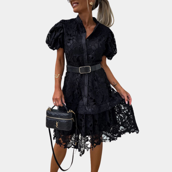 Sidra - Faszinierendes Spitzenkleid mit Puffärmeln Und Edlem Taillengürtel