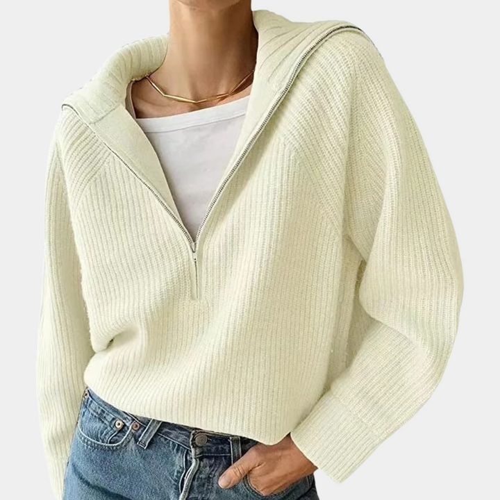 Olina - Modisch Gestricktes Damen-Oberteile mit Umlegekragen Und Reißverschluss