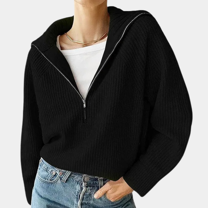 Olina - Modisch Gestricktes Damen-Oberteile mit Umlegekragen Und Reißverschluss