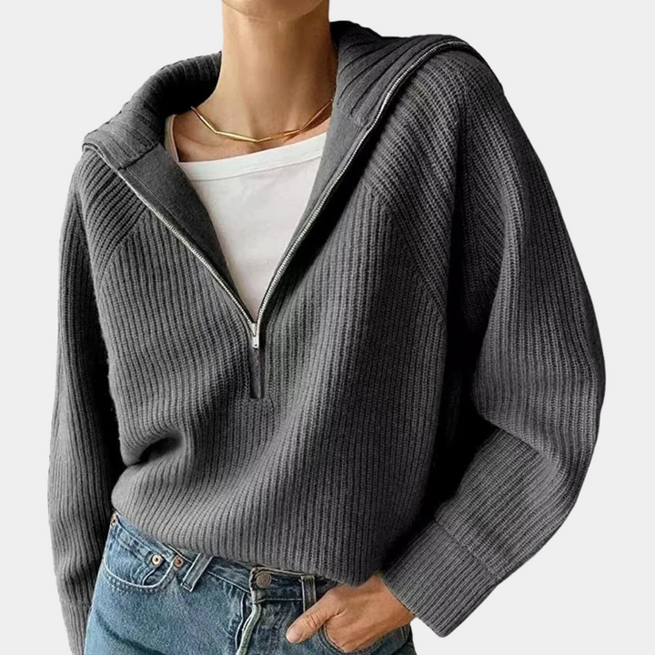 Olina - Modisch Gestricktes Damen-Oberteile mit Umlegekragen Und Reißverschluss