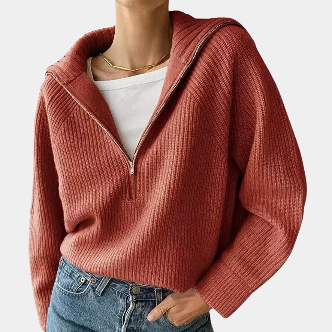 Olina - Modisch Gestricktes Damen-Oberteile mit Umlegekragen Und Reißverschluss