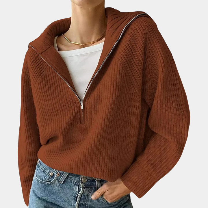 Olina - Modisch Gestricktes Damen-Oberteile mit Umlegekragen Und Reißverschluss