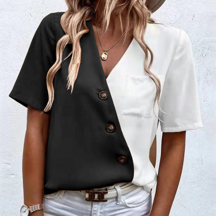 Lara - Lebendige Farbblockbluse mit Modischem V-Ausschnitt Und Knopfleiste