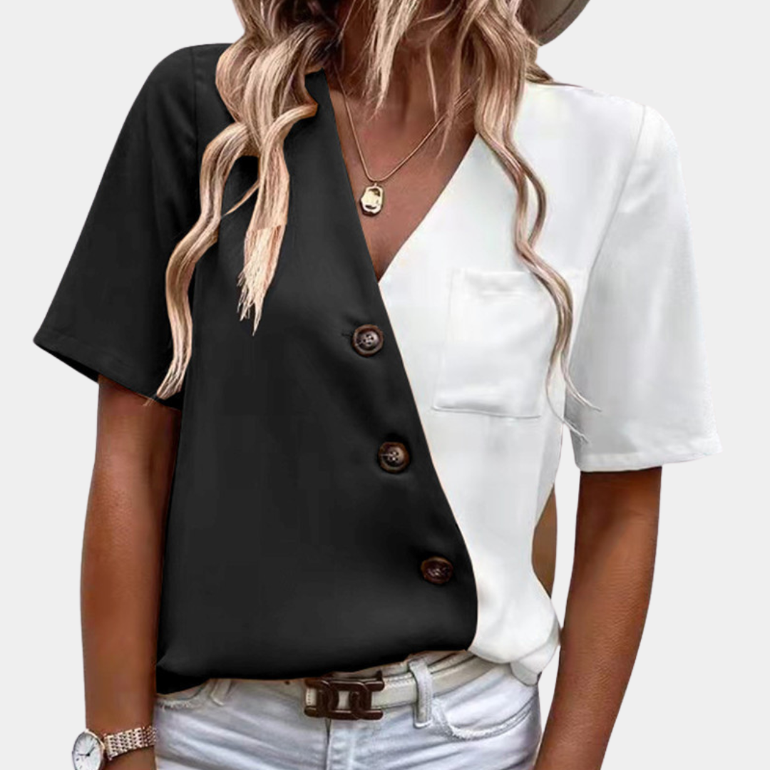 Lara - Lebendige Farbblockbluse mit Modischem V-Ausschnitt Und Knopfleiste