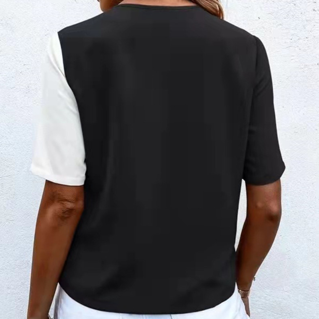 Lara - Lebendige Farbblockbluse mit Modischem V-Ausschnitt Und Knopfleiste