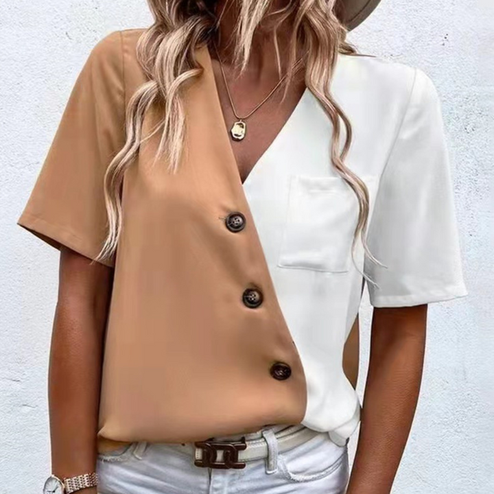 Lara - Lebendige Farbblockbluse mit Modischem V-Ausschnitt Und Knopfleiste