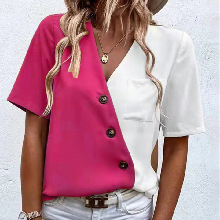 Lara - Lebendige Farbblockbluse mit Modischem V-Ausschnitt Und Knopfleiste