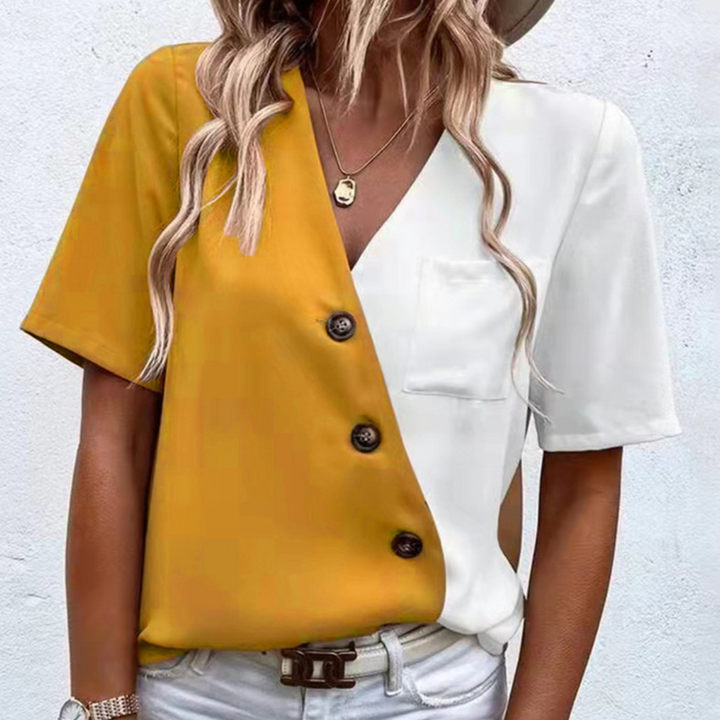 Lara - Lebendige Farbblockbluse mit Modischem V-Ausschnitt Und Knopfleiste