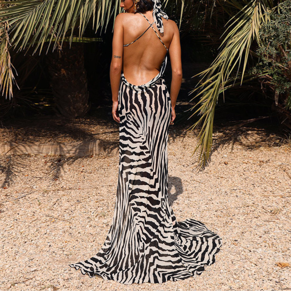 Dayana - Faszinierendes Maxikleid mit Zebramuster Und Rückenfreiem Ausschnitt
