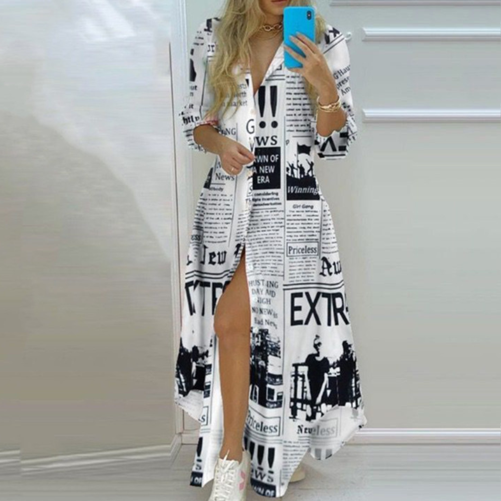 Antonia - Kreatives Kleid mit Modernem Zeitungsdruck