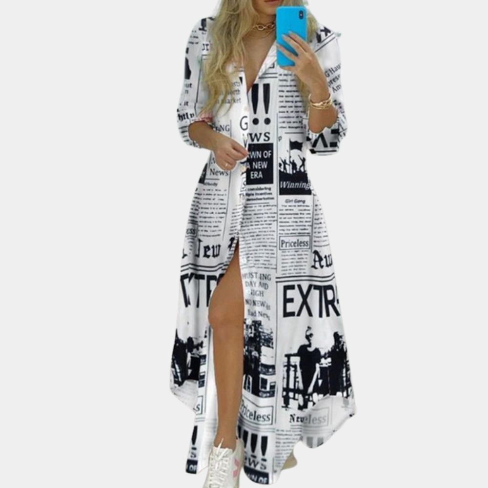 Antonia - Kreatives Kleid mit Modernem Zeitungsdruck