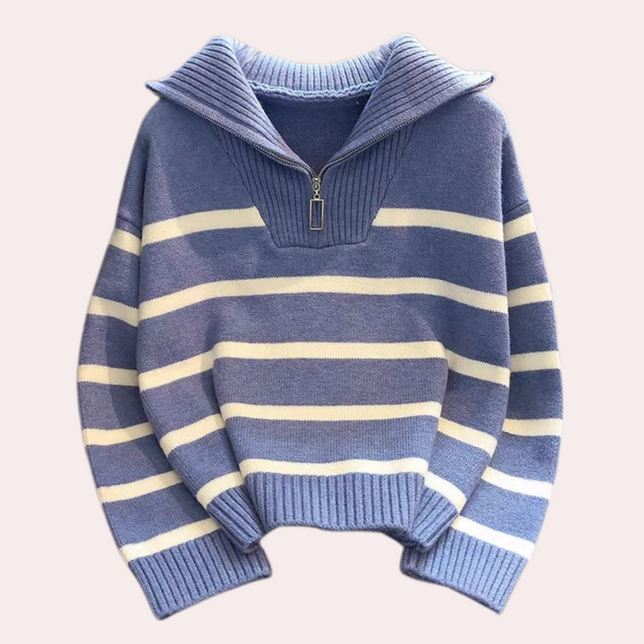 Judit - Damen Pullover mit Streifen Und Teilreißverschluss
