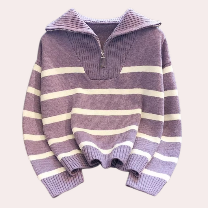 Judit - Damen Pullover mit Streifen Und Teilreißverschluss