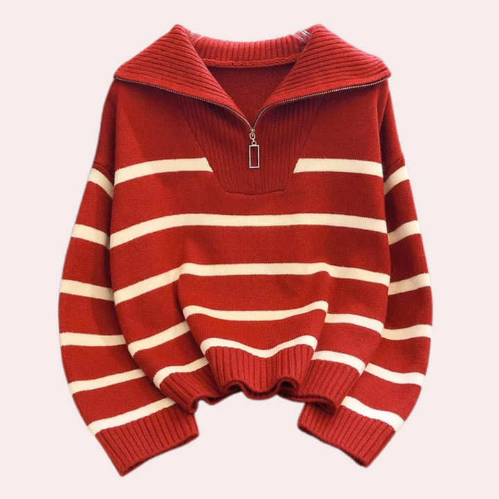 Judit - Damen Pullover mit Streifen Und Teilreißverschluss