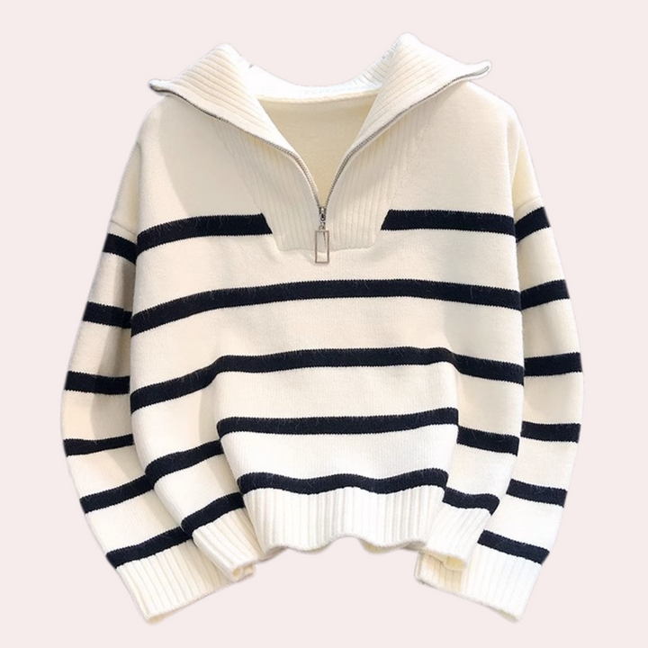 Judit - Damen Pullover mit Streifen Und Teilreißverschluss
