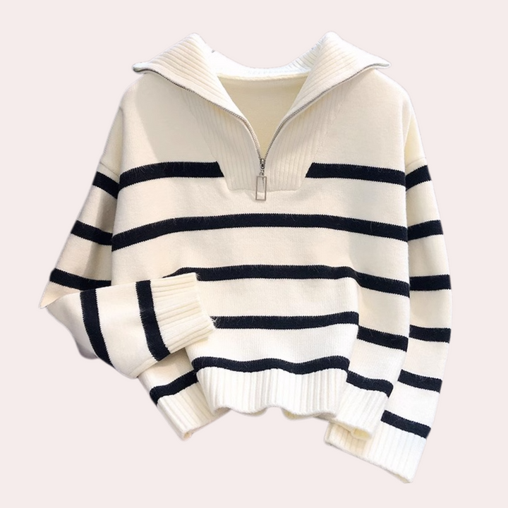 Judit - Damen Pullover mit Streifen Und Teilreißverschluss