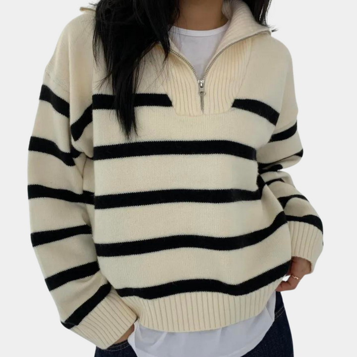 Judit - Damen Pullover mit Streifen Und Teilreißverschluss