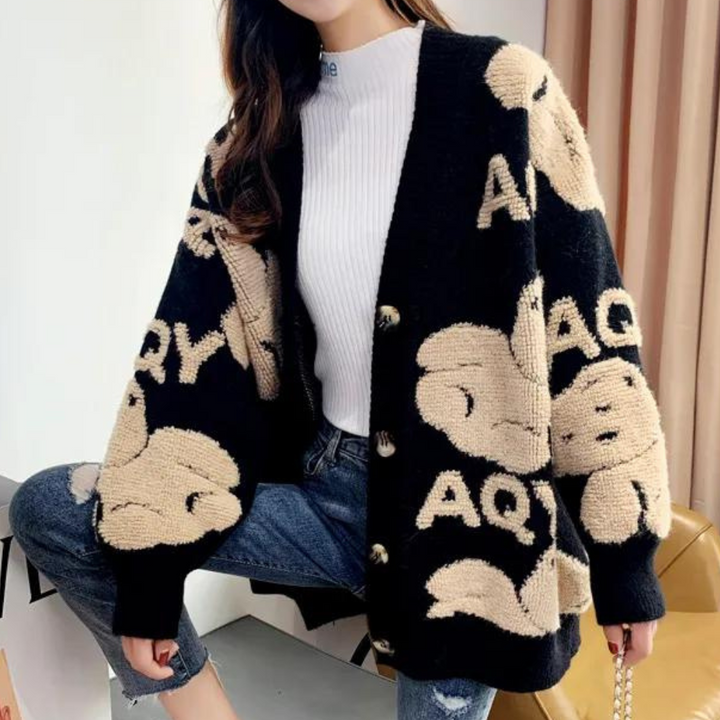 Elettra - Bequeme Damen-Strickjacke mit Bärenmotiv
