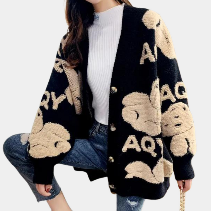 Elettra - Bequeme Damen-Strickjacke mit Bärenmotiv