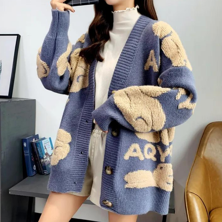 Elettra - Bequeme Damen-Strickjacke mit Bärenmotiv
