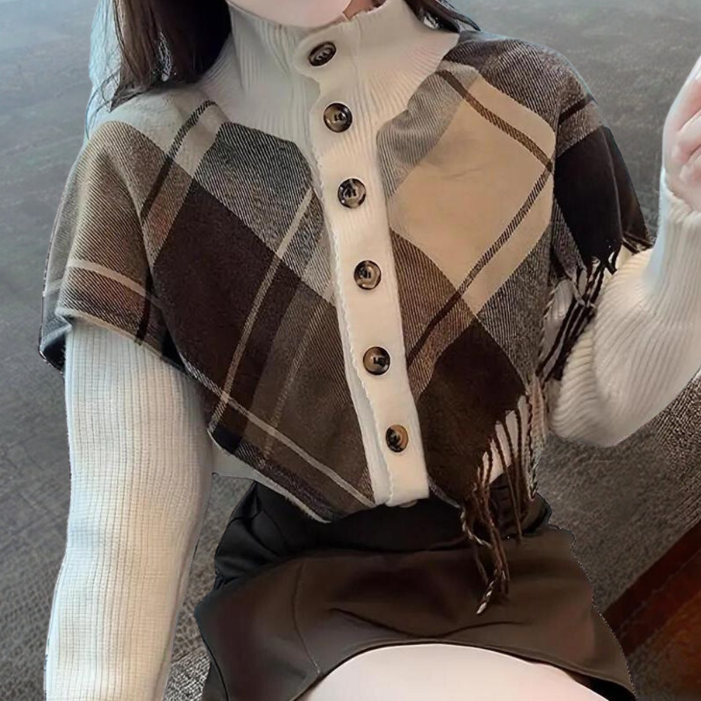 Mariora - Damenpullover mit Fransen Und Karomuster-Overlay