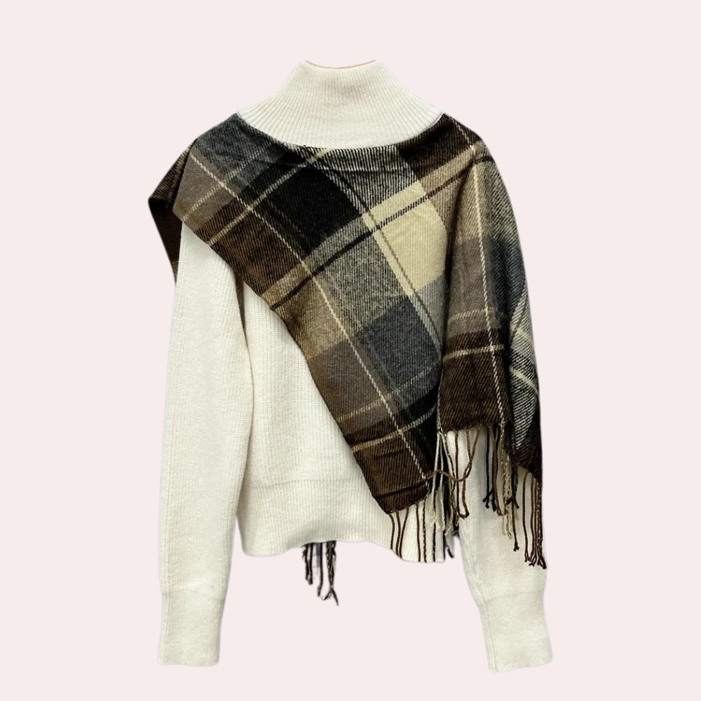 Mariora - Damenpullover mit Fransen Und Karomuster-Overlay