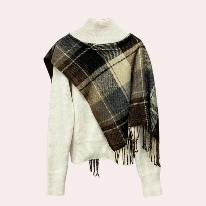 Mariora - Damenpullover mit Fransen Und Karomuster-Overlay