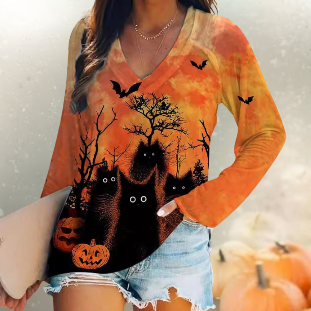 Rella - Lebhaftes V-Ausschnitt-Halloween-Damen-Hemden