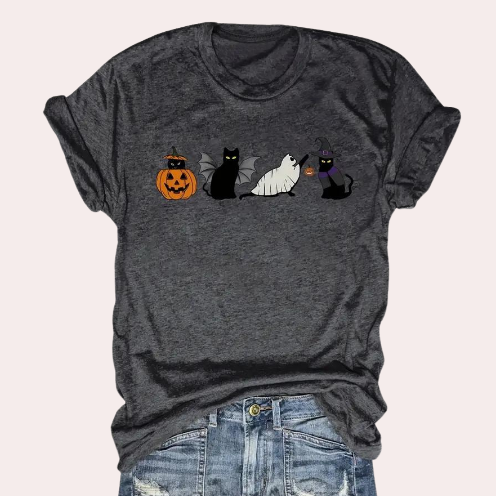 Kati - Damen-Halloween-Hemden mit Katze Und Kürbis