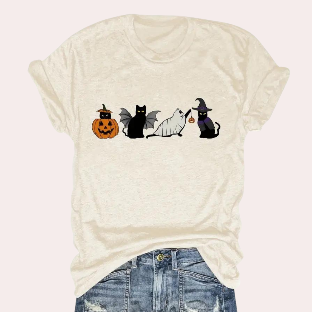 Kati - Damen-Halloween-Hemden mit Katze Und Kürbis