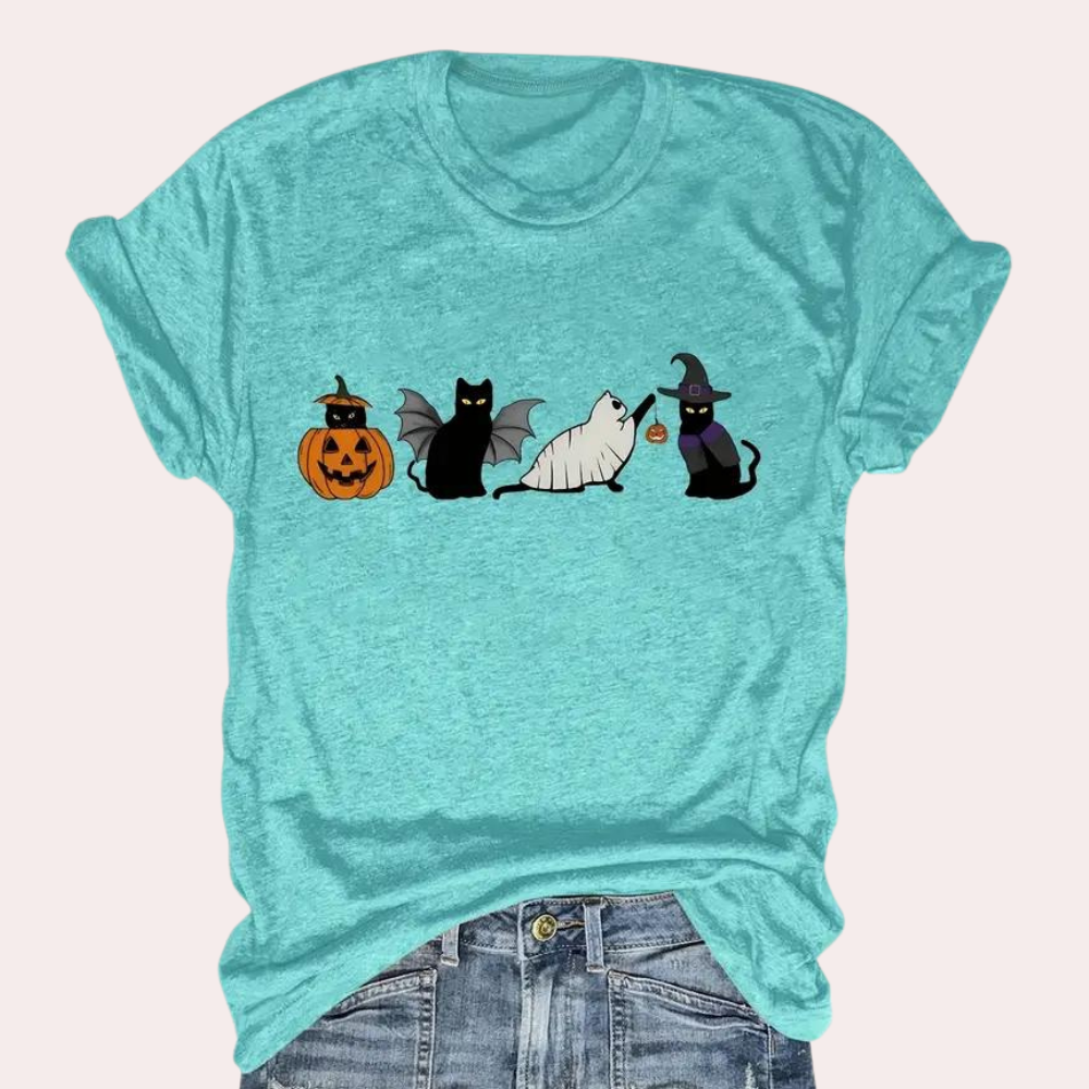 Kati - Damen-Halloween-Hemden mit Katze Und Kürbis