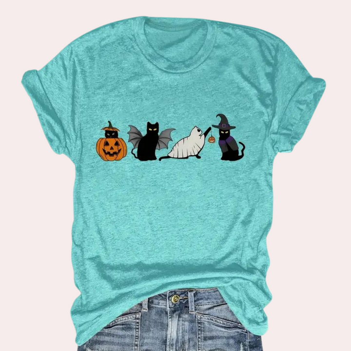 Kati - Damen-Halloween-Hemden mit Katze Und Kürbis