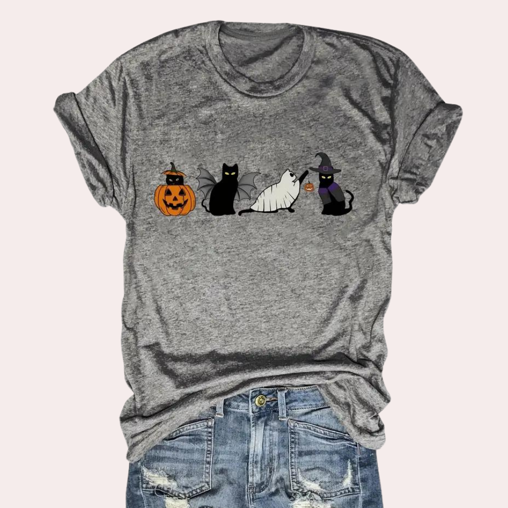 Kati - Damen-Halloween-Hemden mit Katze Und Kürbis