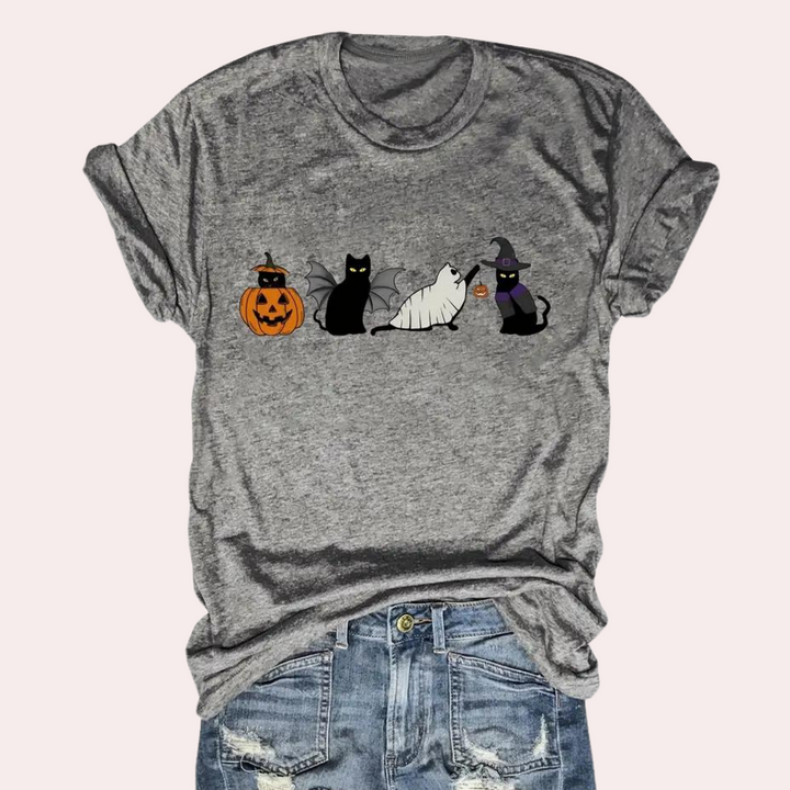 Kati - Damen-Halloween-Hemden mit Katze Und Kürbis