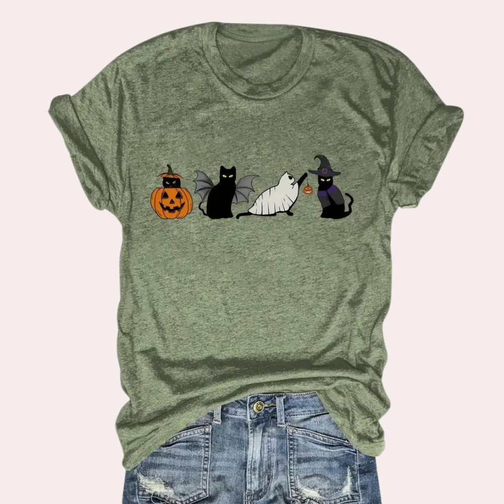 Kati - Damen-Halloween-Hemden mit Katze Und Kürbis
