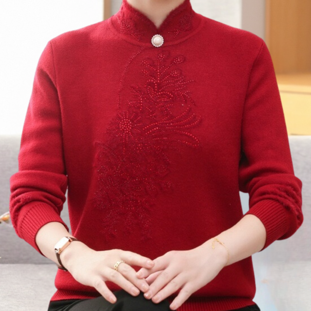 Dafina - Damenpullover mit Stehkragen Und Perlenknopf