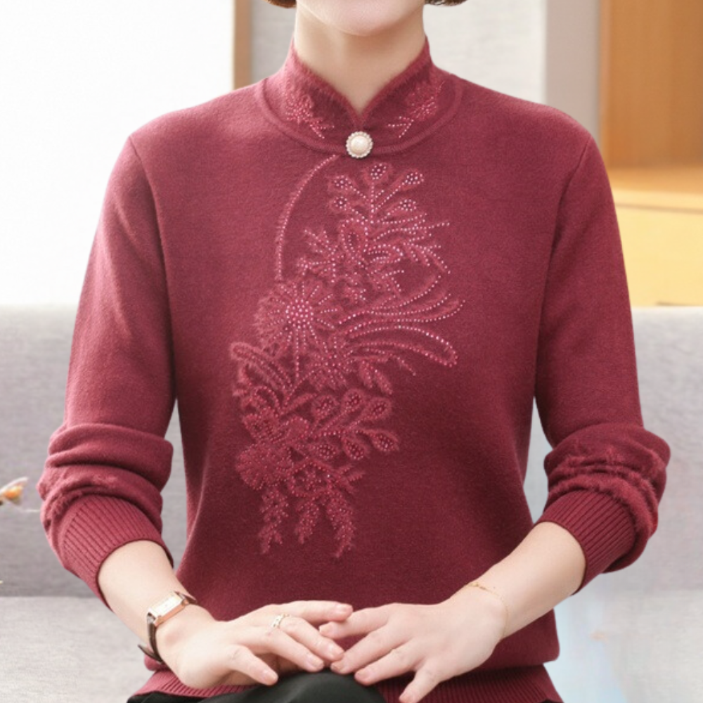 Dafina - Damenpullover mit Stehkragen Und Perlenknopf