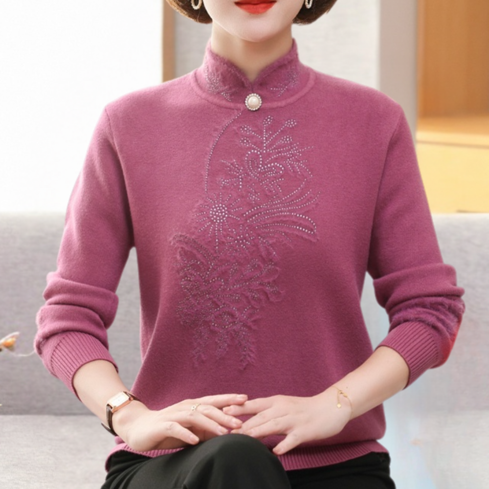 Dafina - Damenpullover mit Stehkragen Und Perlenknopf